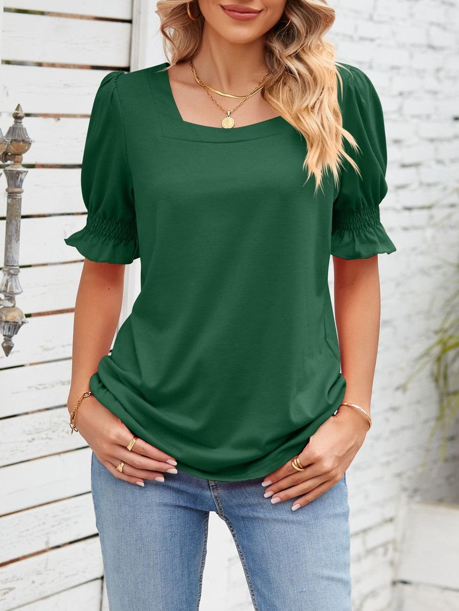 Square Neck Ruffle Sleeve Tunic Top - Darkgreen