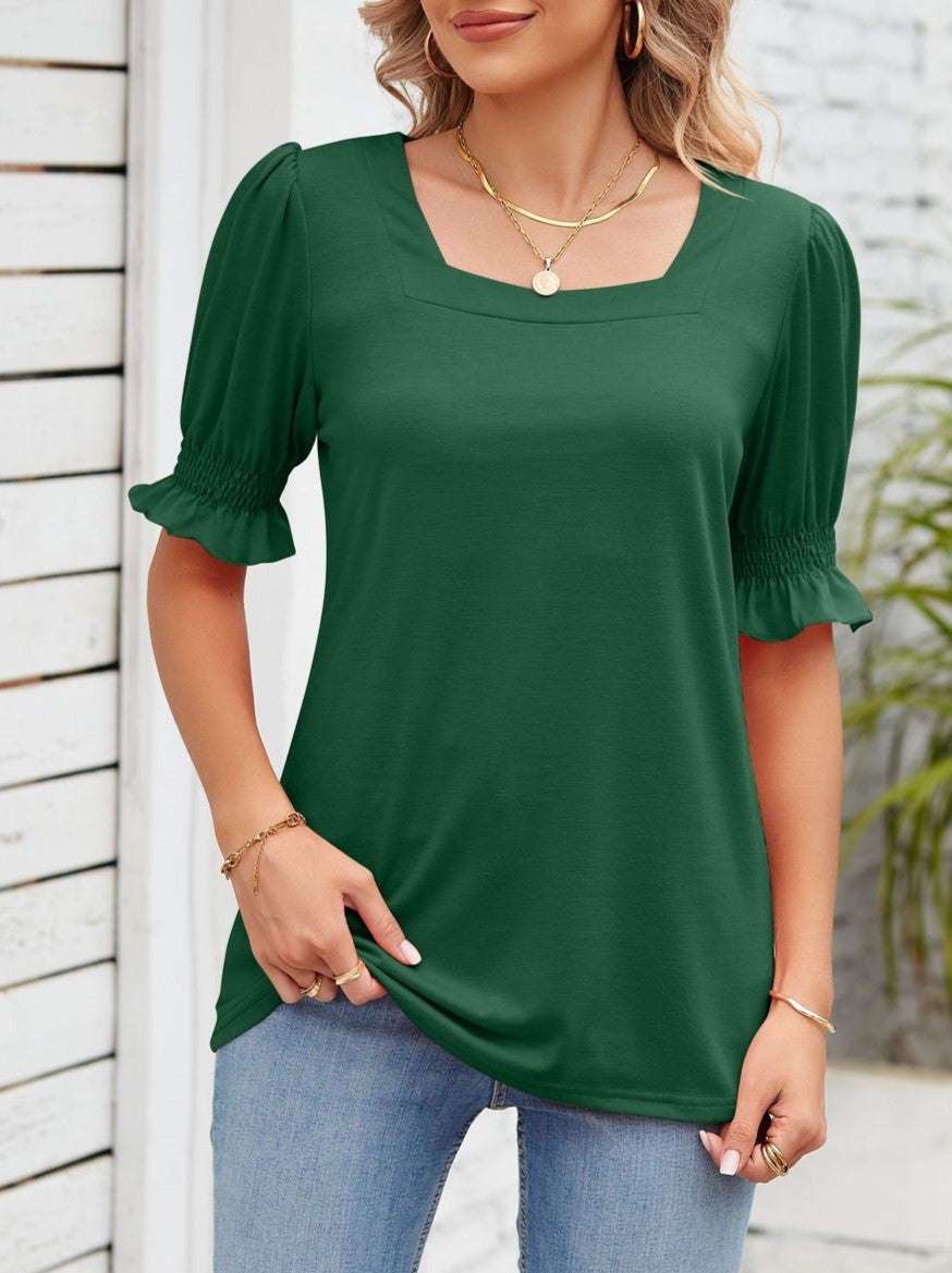 Square Neck Ruffle Sleeve Tunic Top - Darkgreen - 1