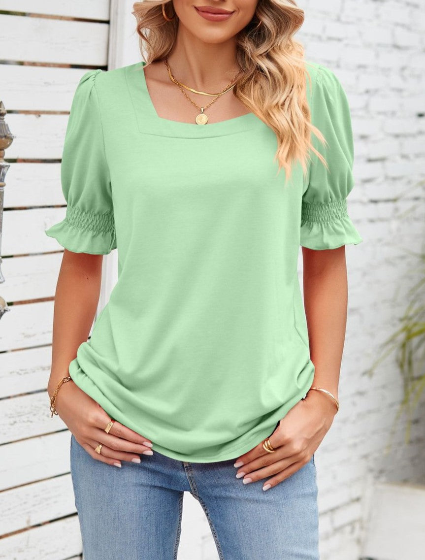 Square Neck Ruffle Sleeve Tunic Top - Green - 1