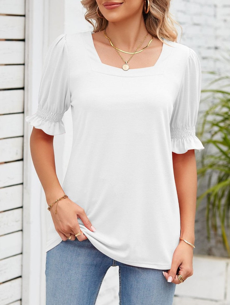 Square Neck Ruffle Sleeve Tunic Top - White - 1