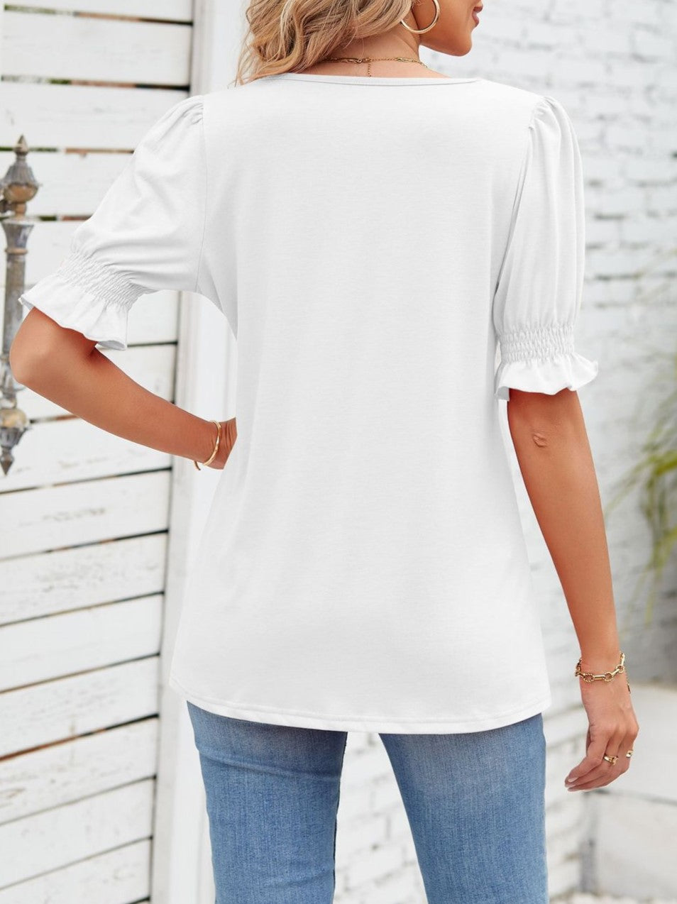 Square Neck Ruffle Sleeve Tunic Top - White - 2