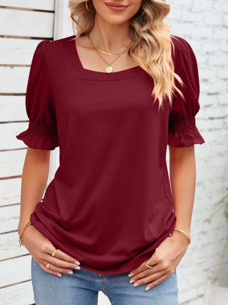 Square Neck Ruffle Sleeve Tunic Top - Winered