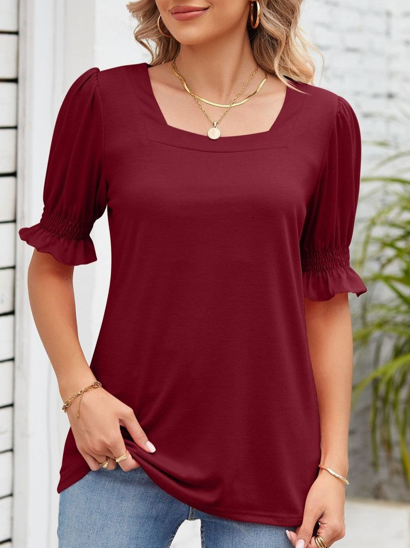 Square Neck Ruffle Sleeve Tunic Top - Winered - 1