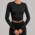 Curved Hem Fitted Cropped Long Sleeve Yoga Top - Black