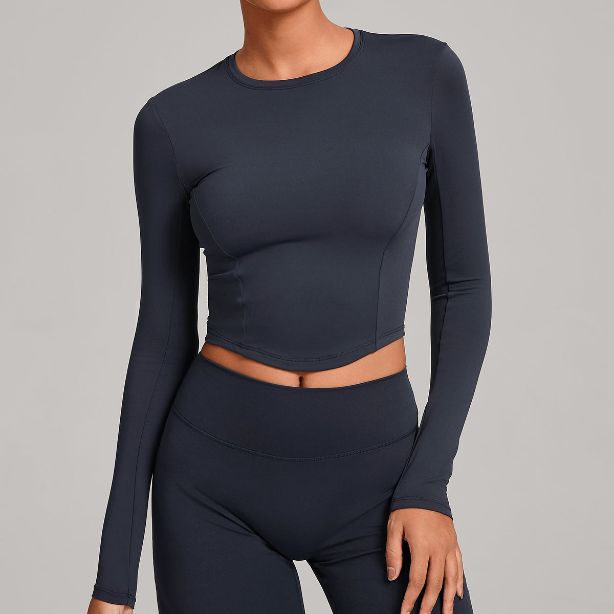 Curved Hem Fitted Cropped Long Sleeve Yoga Top - Deep Navy
