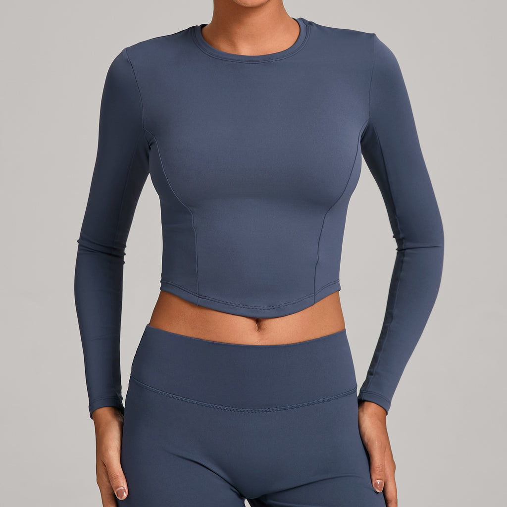 Curved Hem Fitted Cropped Long Sleeve Yoga Top - Granite Blue
