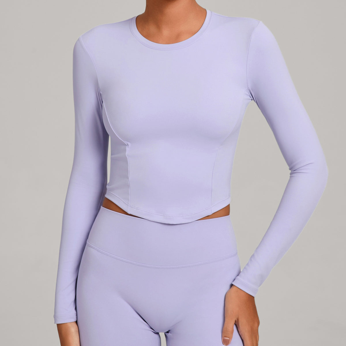 Curved Hem Fitted Cropped Long Sleeve Yoga Top - Lilac