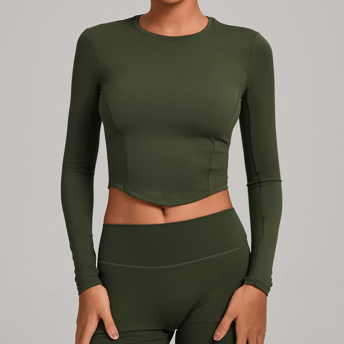 Curved Hem Fitted Cropped Long Sleeve Yoga Top - Olive Green