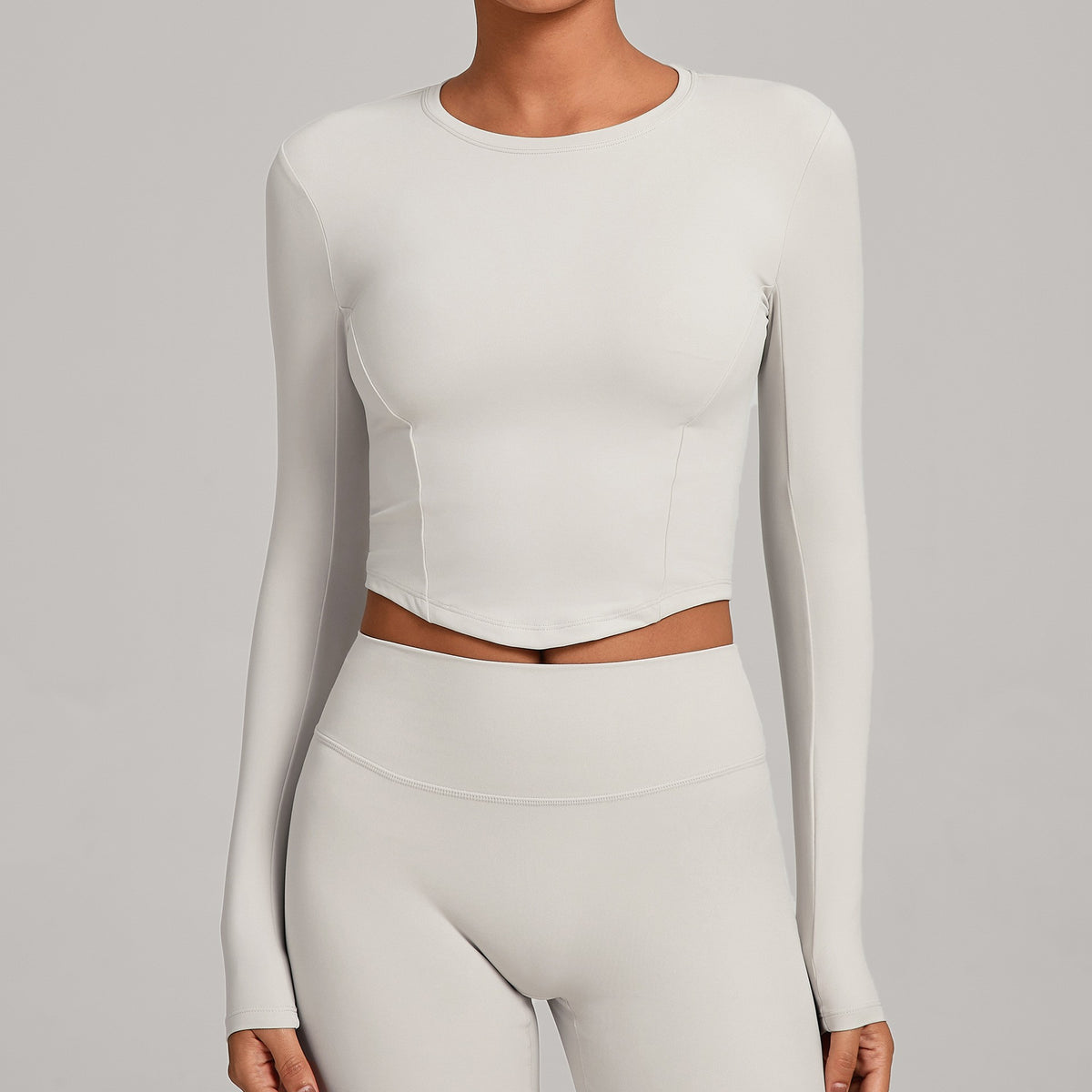 Curved Hem Fitted Cropped Long Sleeve Yoga Top - Warm Stone