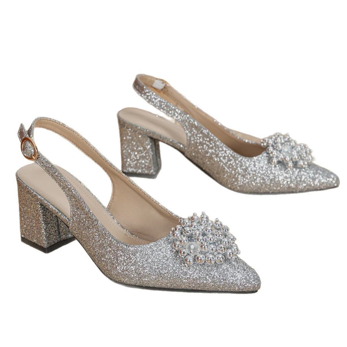 Silver Glitter Pearl Brooch Slingback Heels