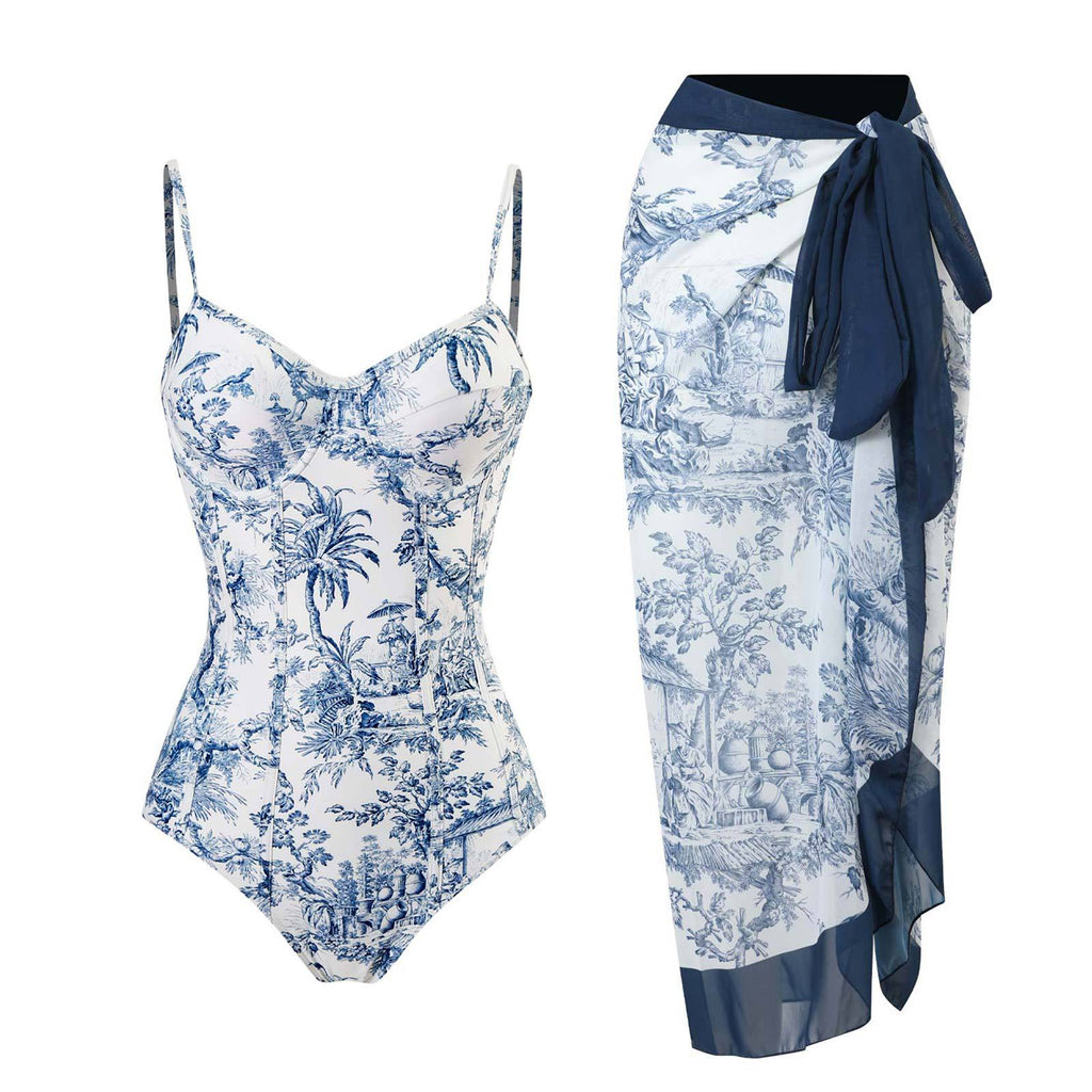 Toile Print Underwire Swimsuit And Sarong Set - Blue