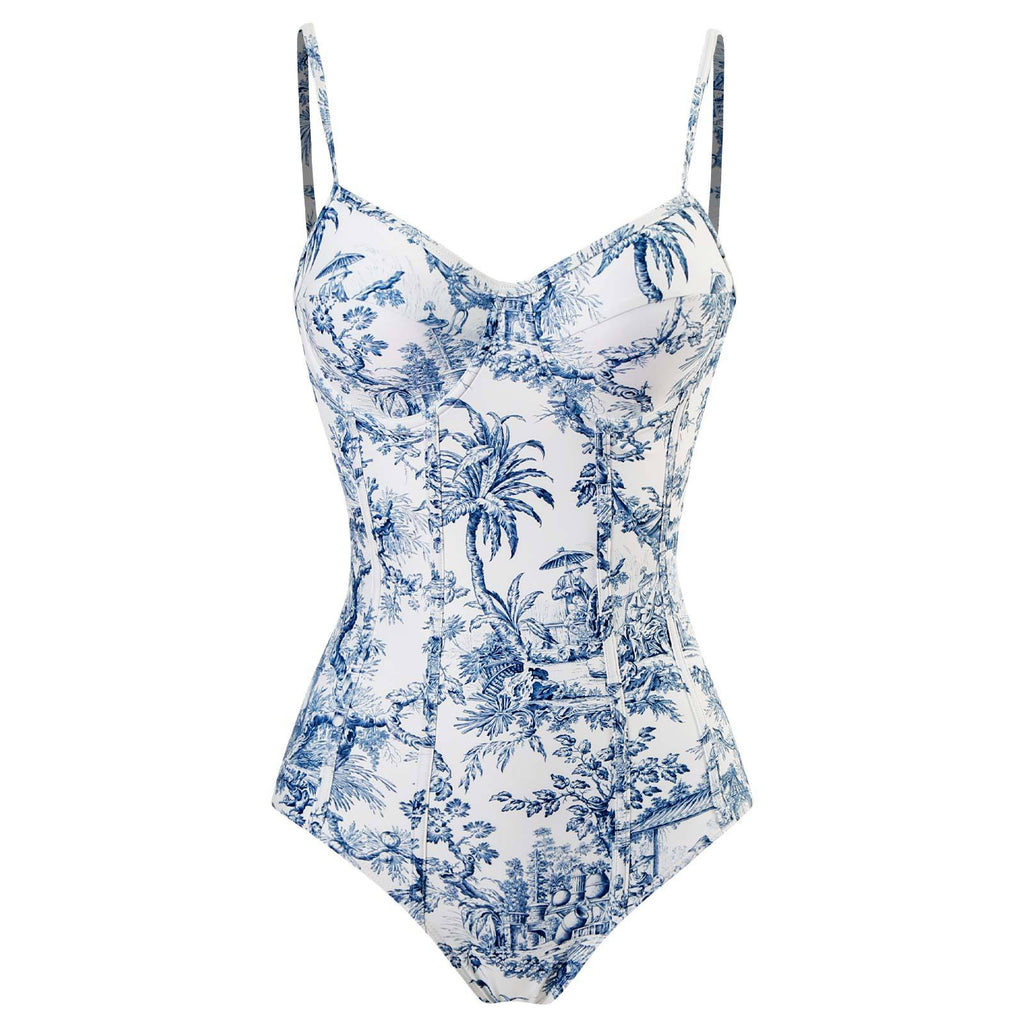 Toile Print Underwire Swimsuit And Sarong Set - Blue - 1