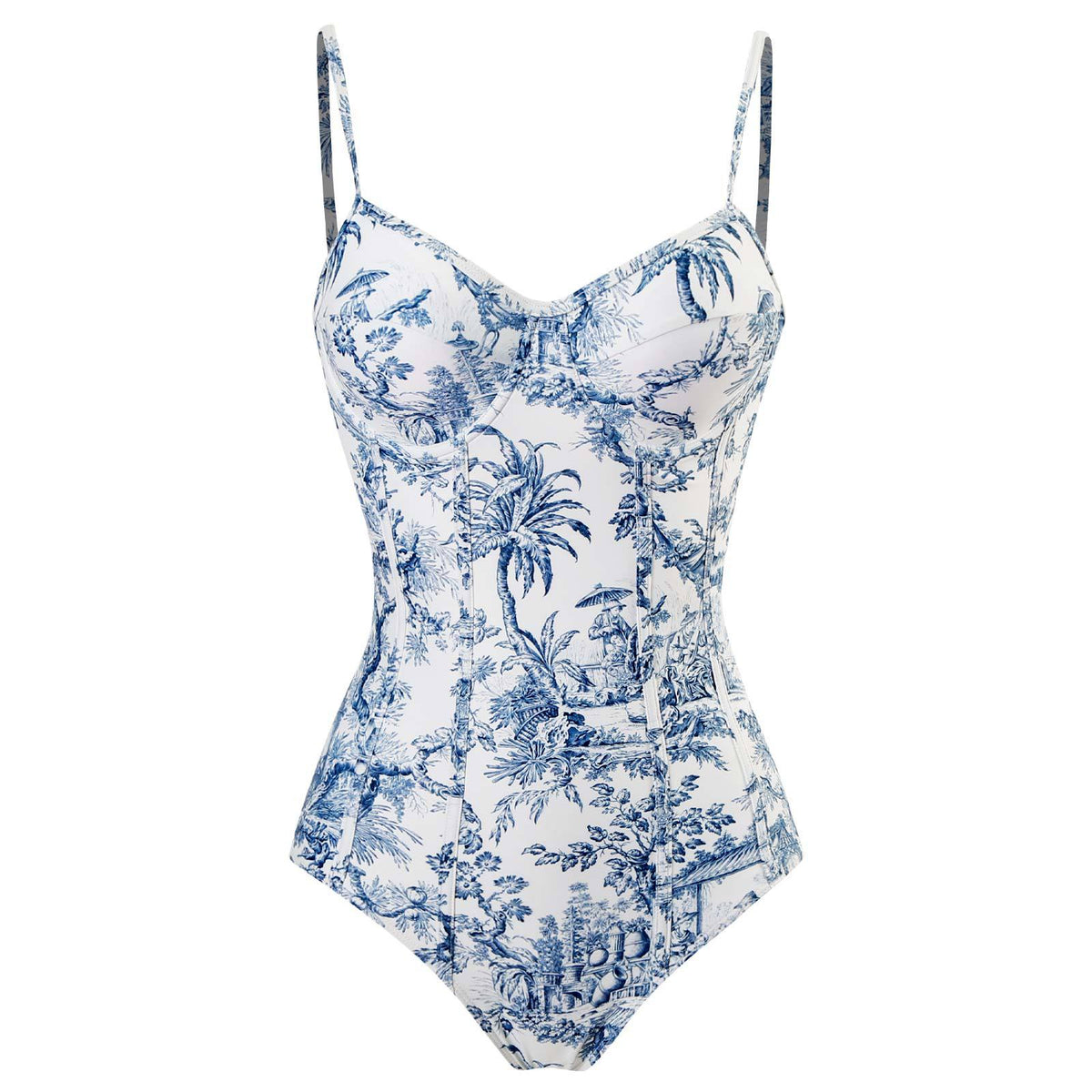 Toile Print Underwire Swimsuit And Sarong Set - Blue - 1