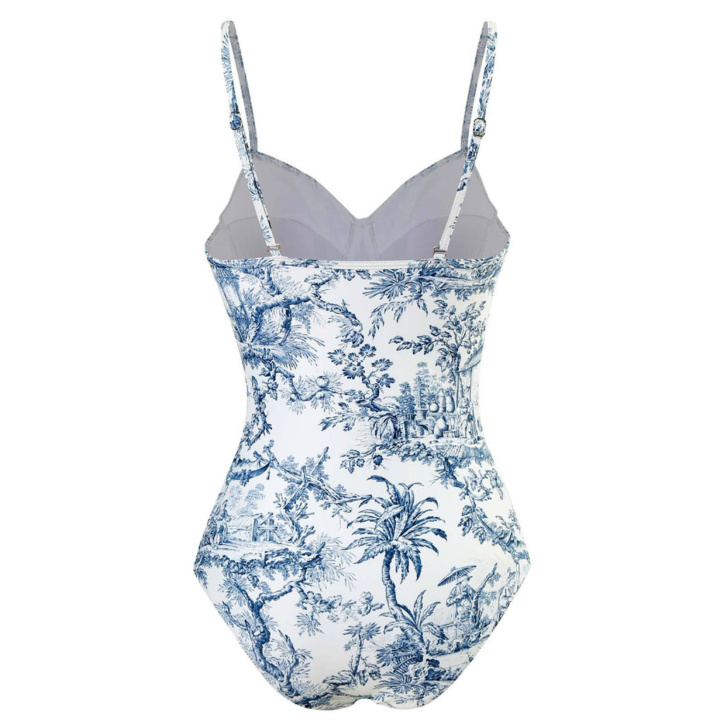 Toile Print Underwire Swimsuit And Sarong Set - Blue - 2