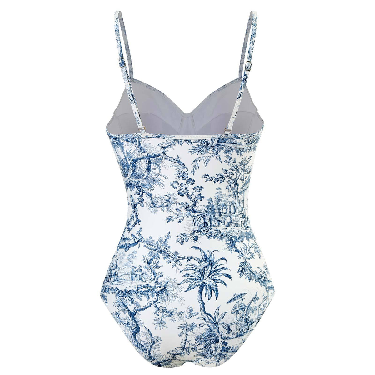 Toile Print Underwire Swimsuit And Sarong Set - Blue - 2