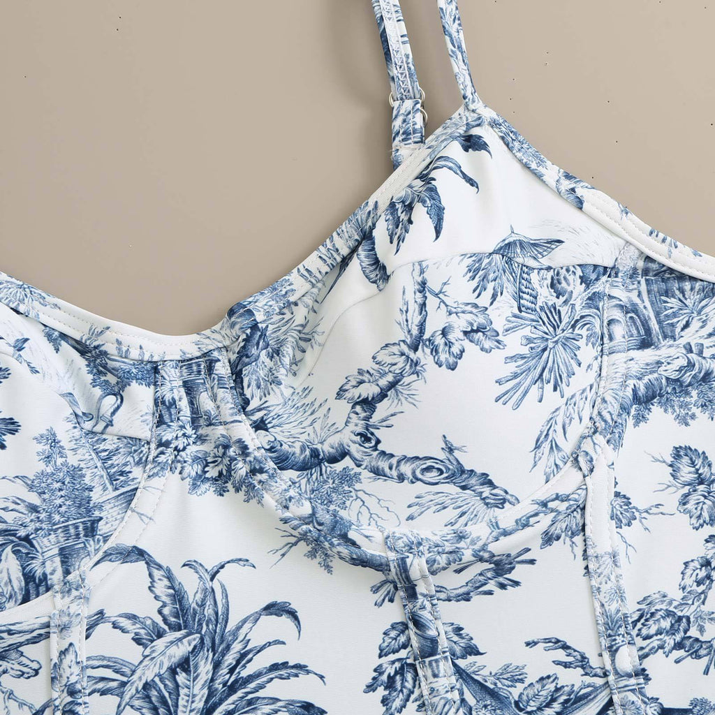 Toile Print Underwire Swimsuit And Sarong Set - Blue - 3