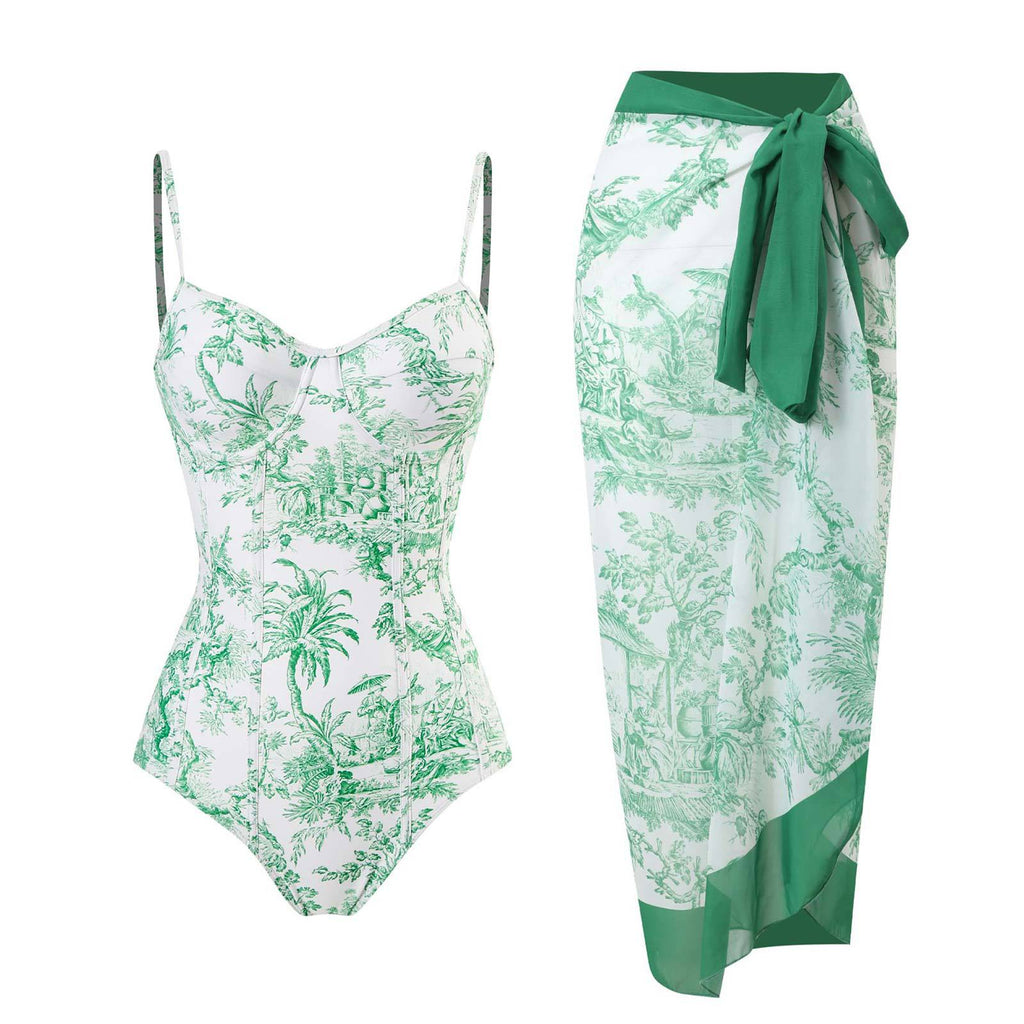 Toile Print Underwire Swimsuit And Sarong Set - Green