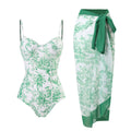 Toile Print Underwire Swimsuit And Sarong Set - Green