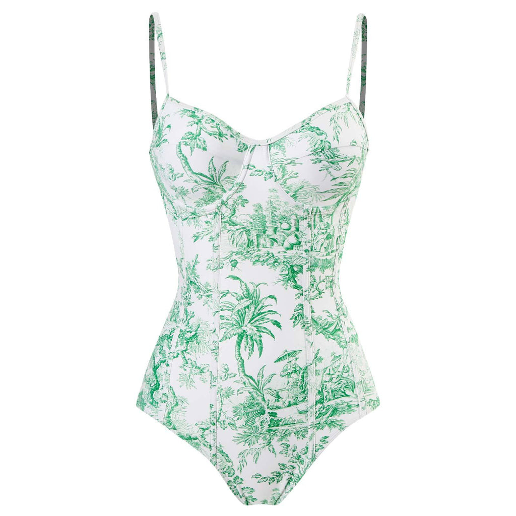 Toile Print Underwire Swimsuit And Sarong Set - Green - 1