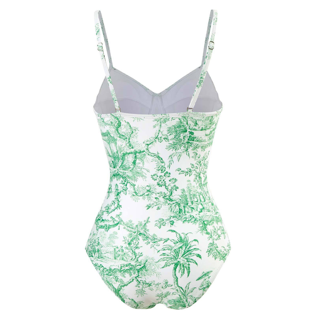 Toile Print Underwire Swimsuit And Sarong Set - Green - 2