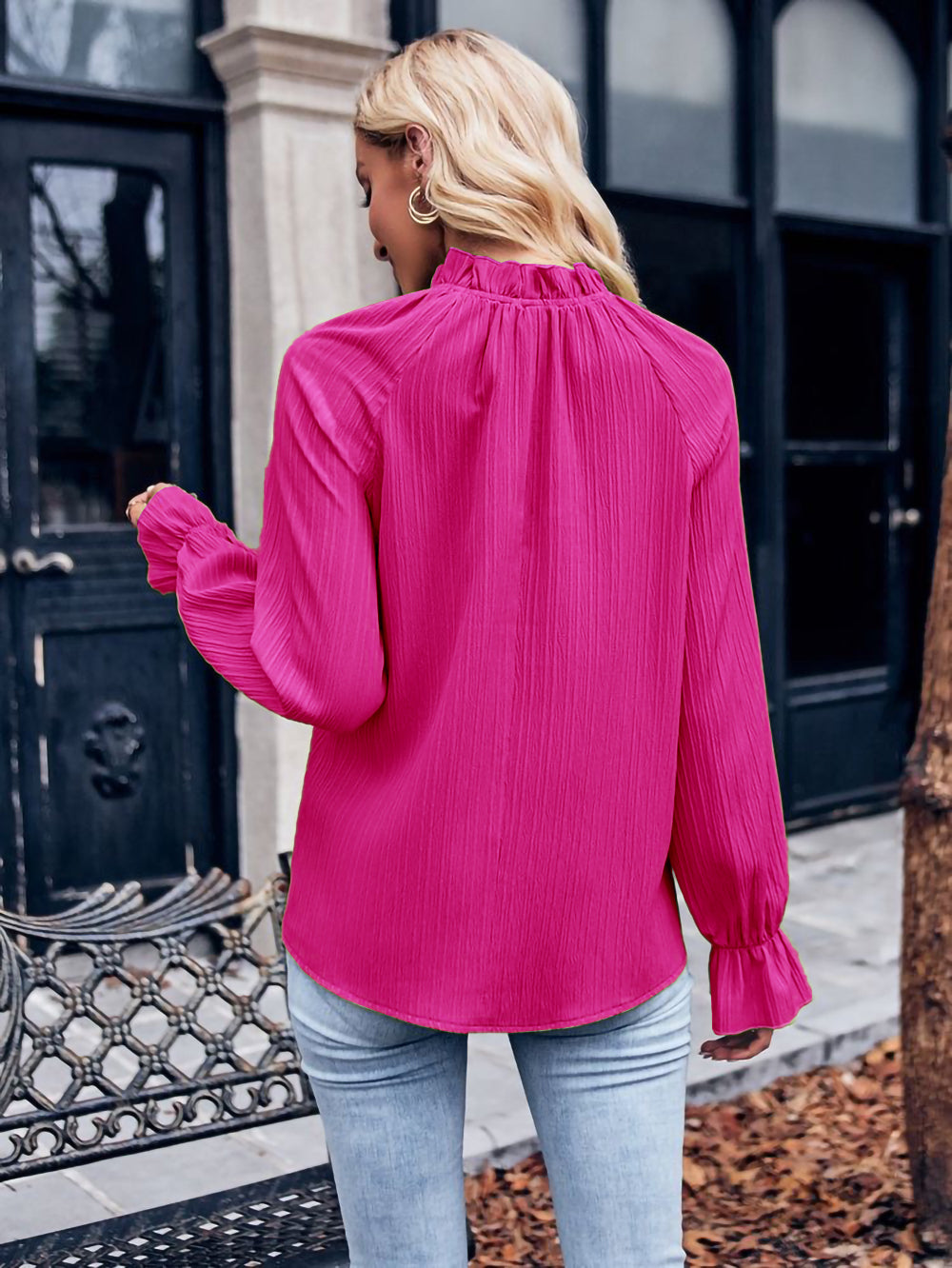 Ruffle Mock Neck Pleated Long Sleeve Blouse - Rose - 2