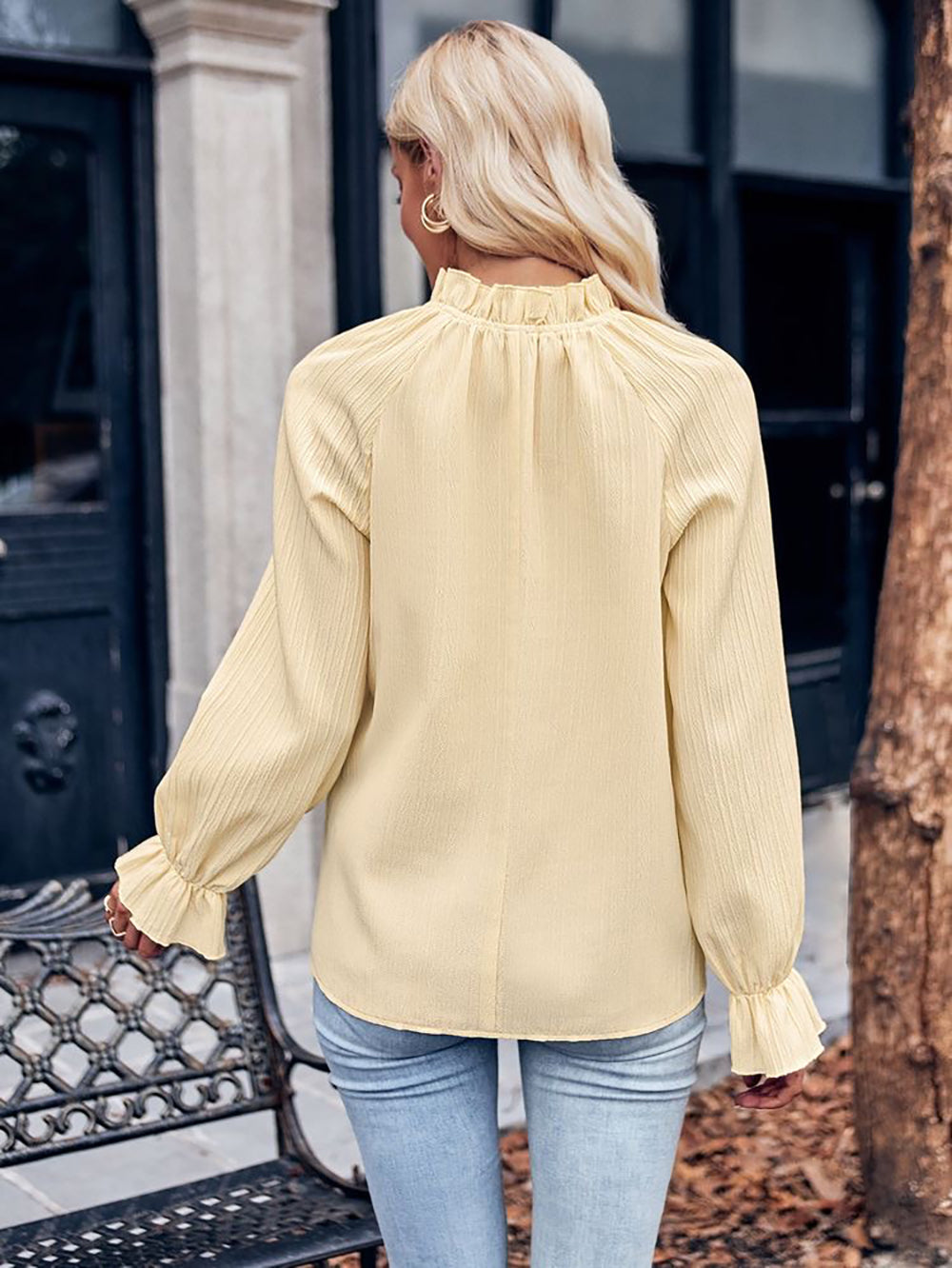 Ruffle Mock Neck Pleated Long Sleeve Blouse - butter - 3