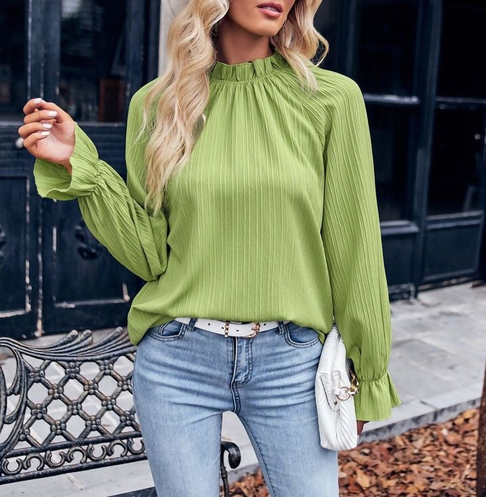 Ruffle Mock Neck Pleated Long Sleeve Blouse - green