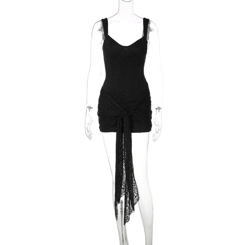 Lace Corset Tie Front Bodycon Mini Dress - Black