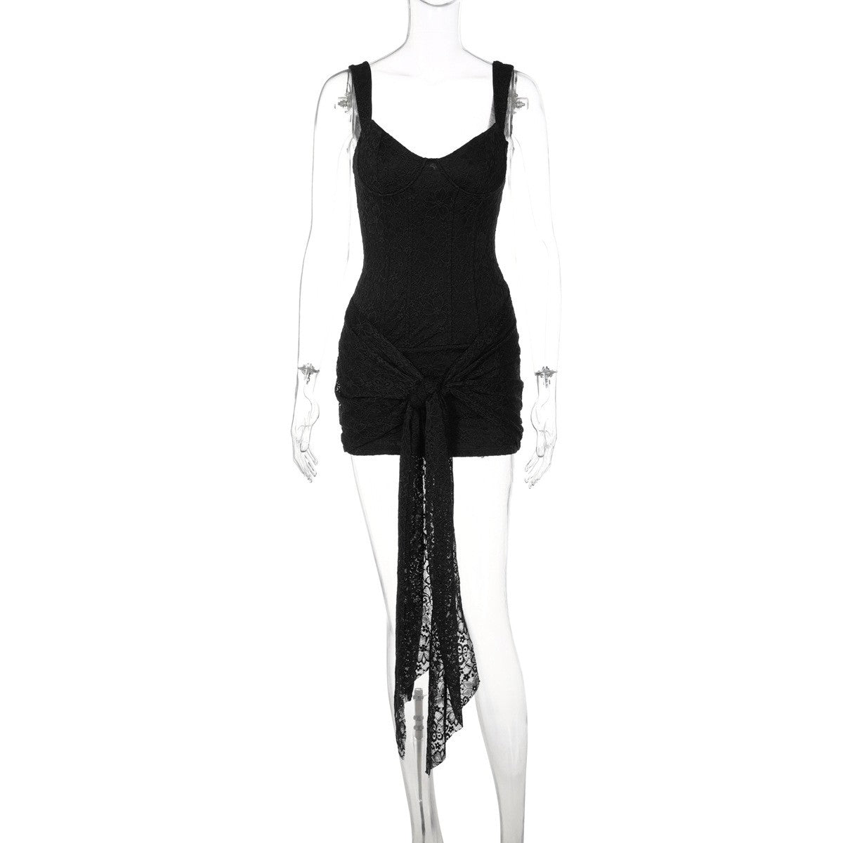 Lace Corset Tie Front Bodycon Mini Dress - Black