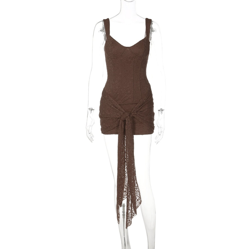 Lace Corset Tie Front Bodycon Mini Dress - Mocha