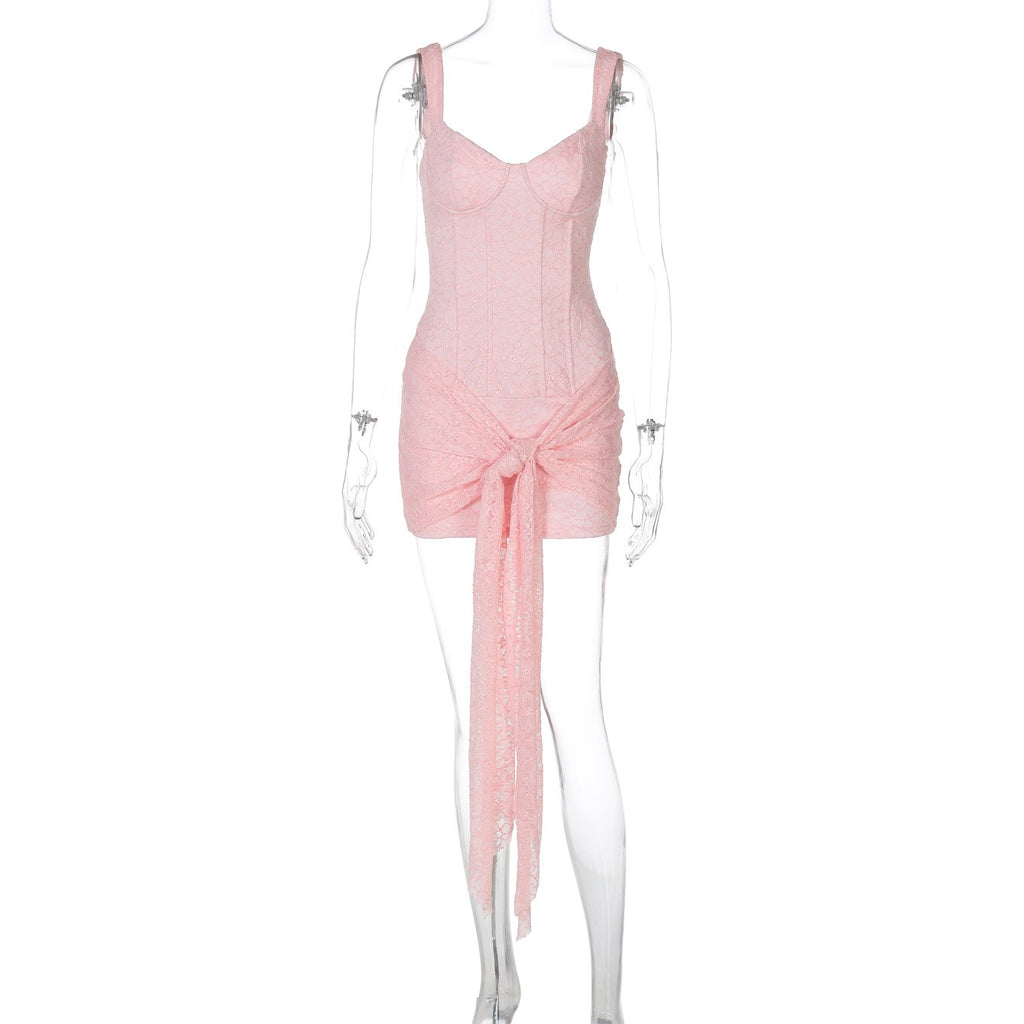 Lace Corset Tie Front Bodycon Mini Dress - Pink
