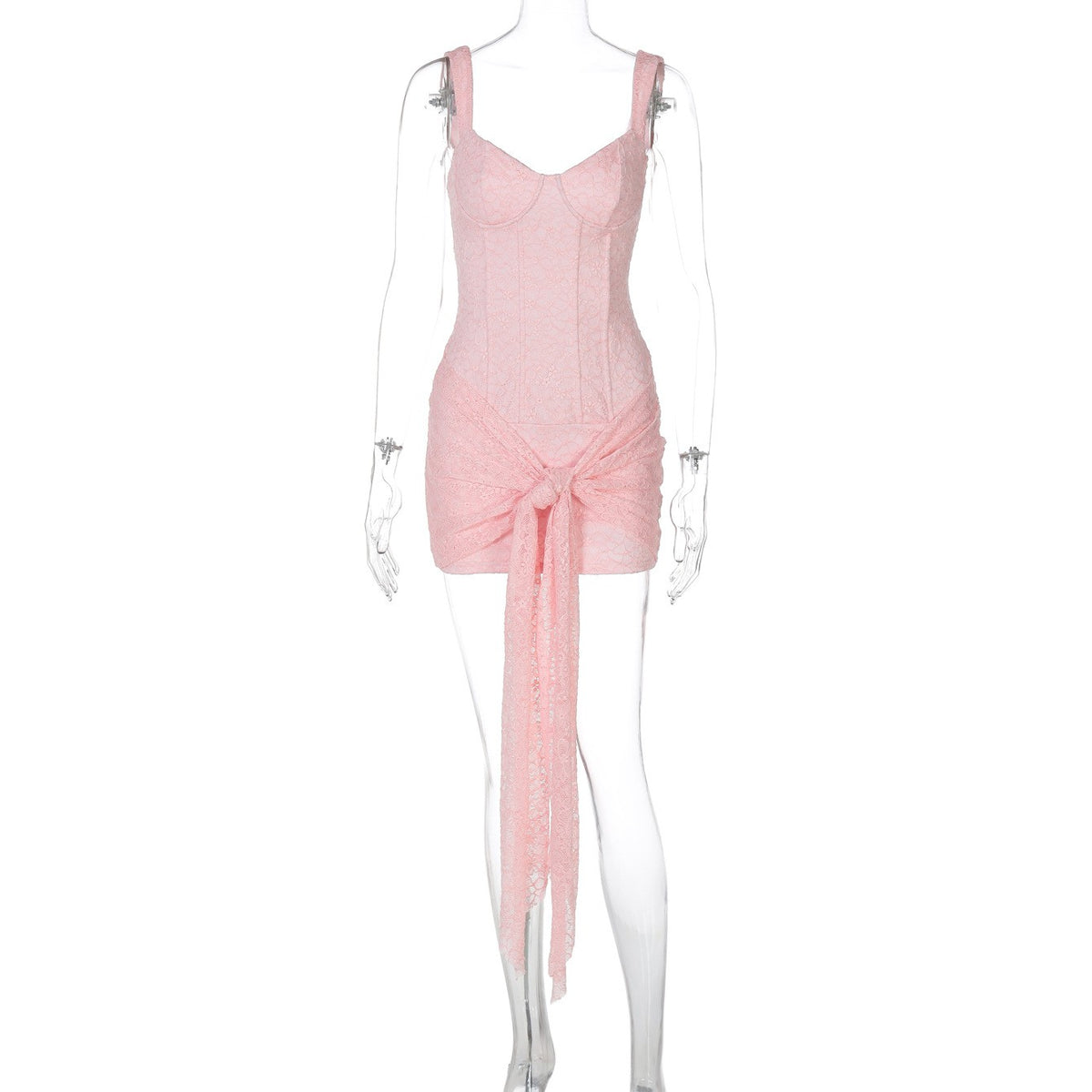 Lace Corset Tie Front Bodycon Mini Dress - Pink