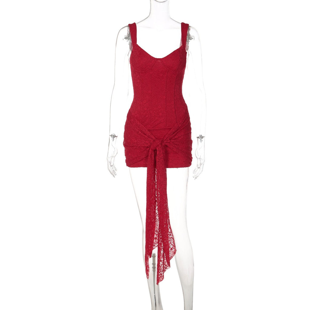 Lace Corset Tie Front Bodycon Mini Dress - Red