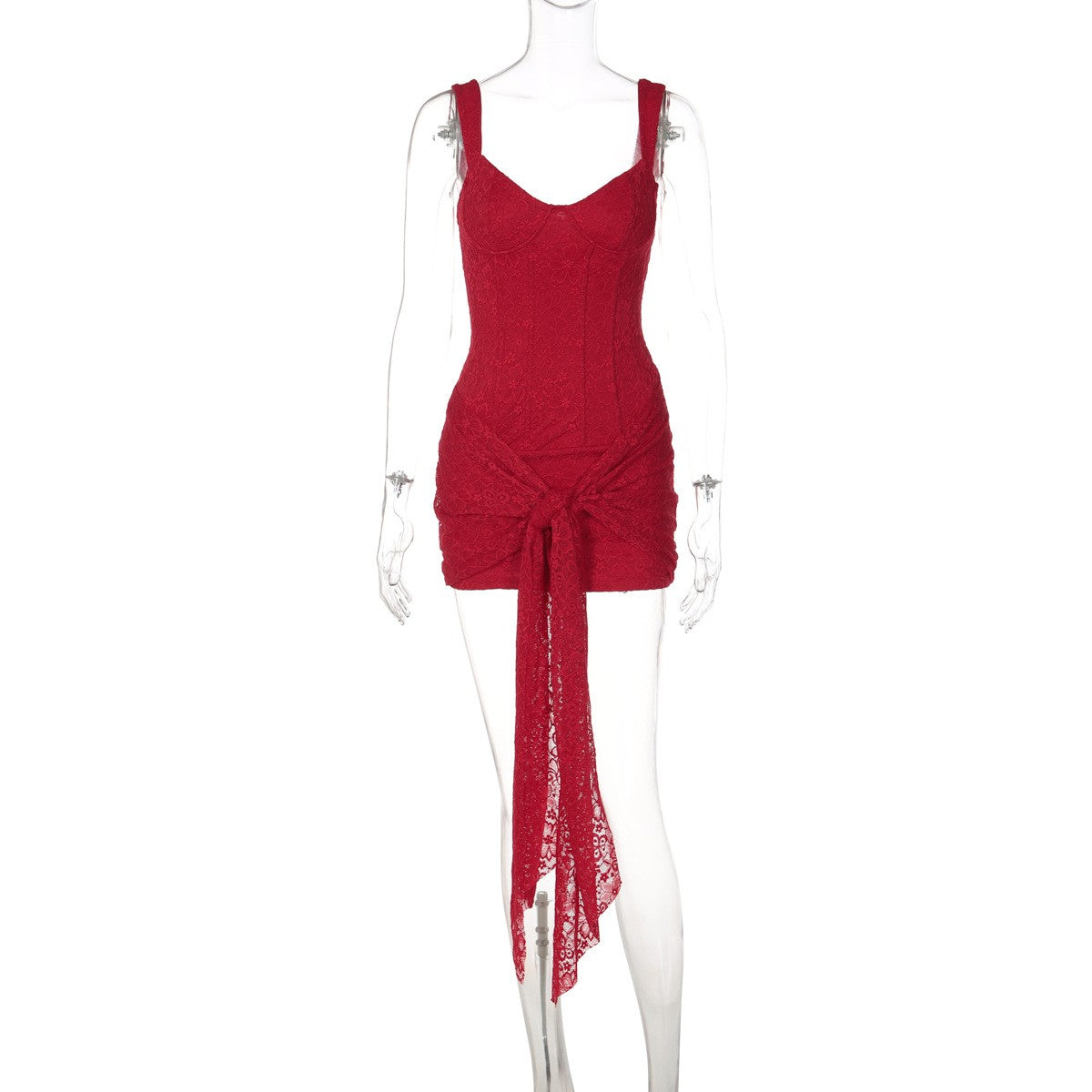 Lace Corset Tie Front Bodycon Mini Dress - Red