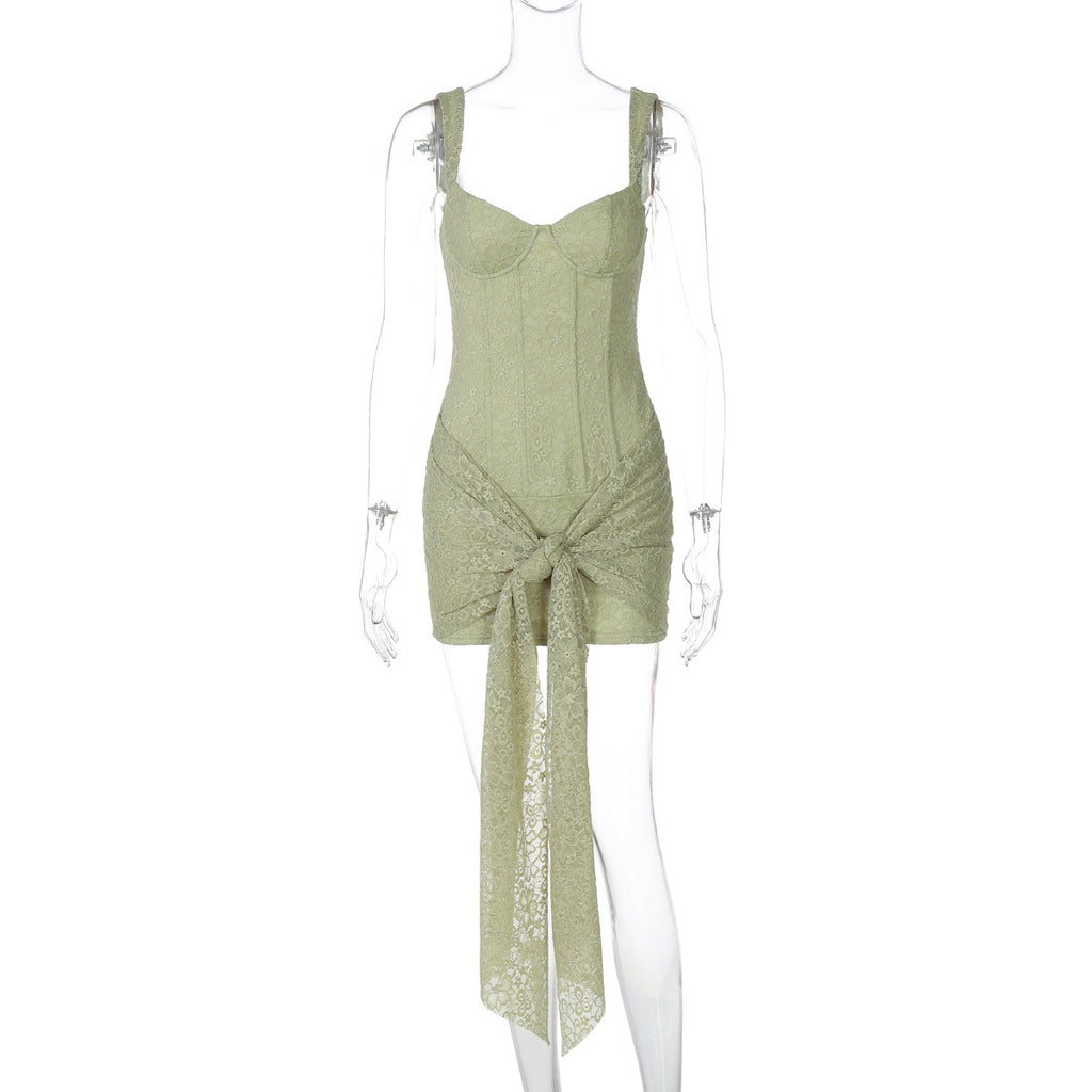 Lace Corset Tie Front Bodycon Mini Dress - Sage Green