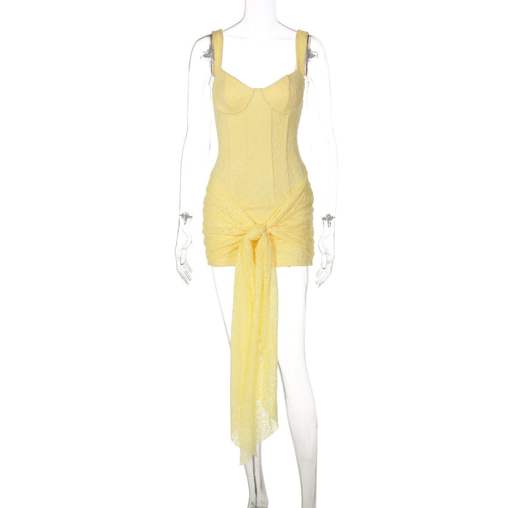 Lace Corset Tie Front Bodycon Mini Dress - Yellow