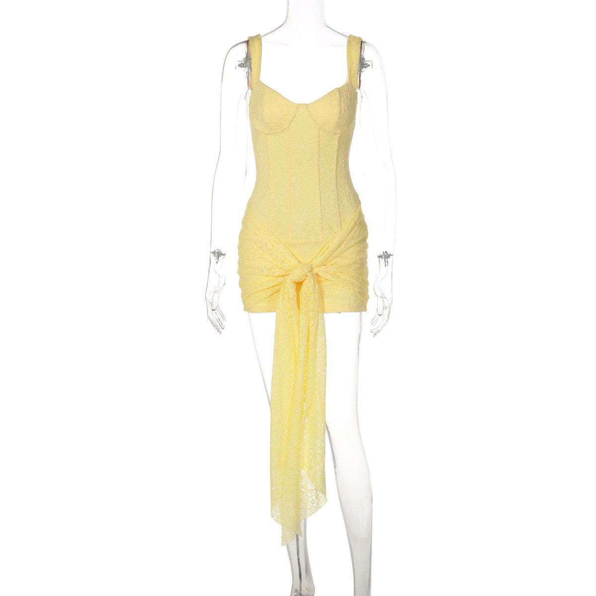 Lace Corset Tie Front Bodycon Mini Dress - Yellow