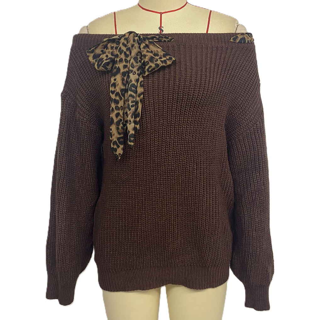 Boat Neck Ribbed Sweater With Leopard Bow - Brown