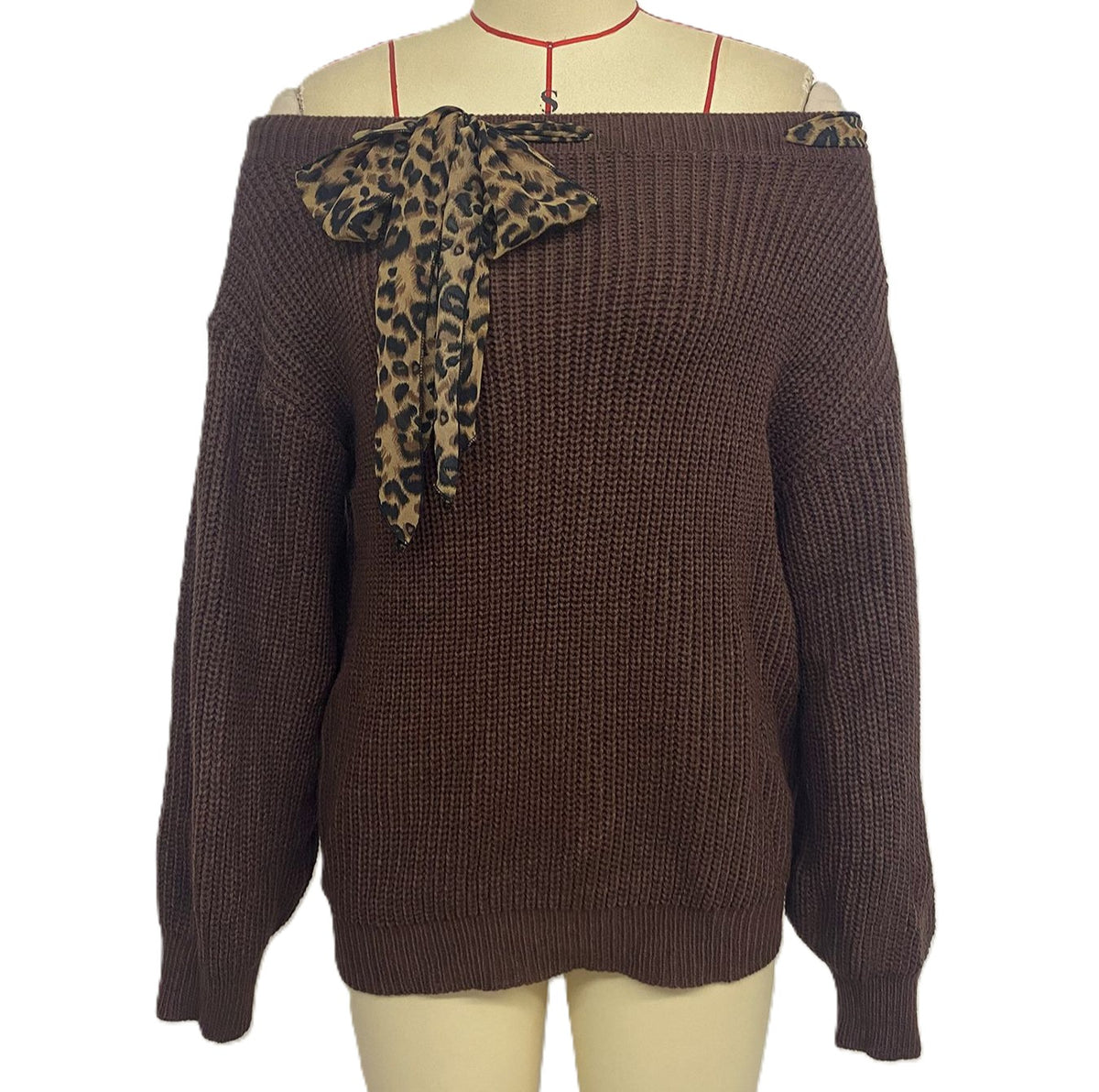 Boat Neck Ribbed Sweater With Leopard Bow - Brown