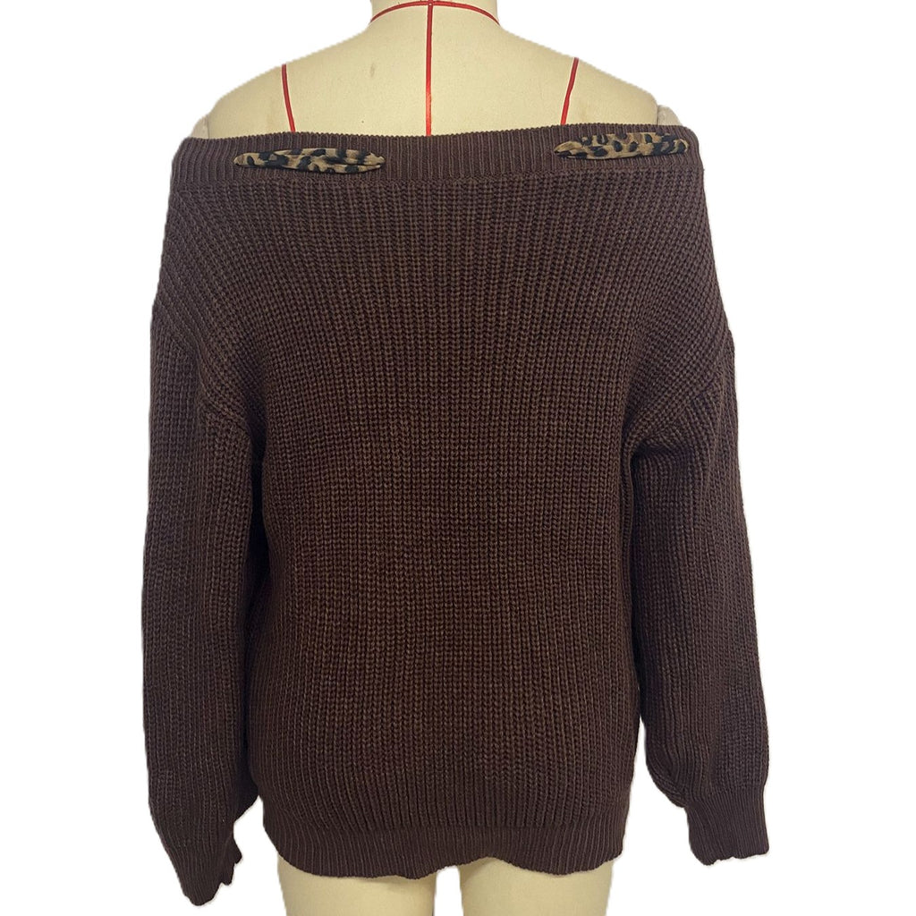 Boat Neck Ribbed Sweater With Leopard Bow - Brown - 1