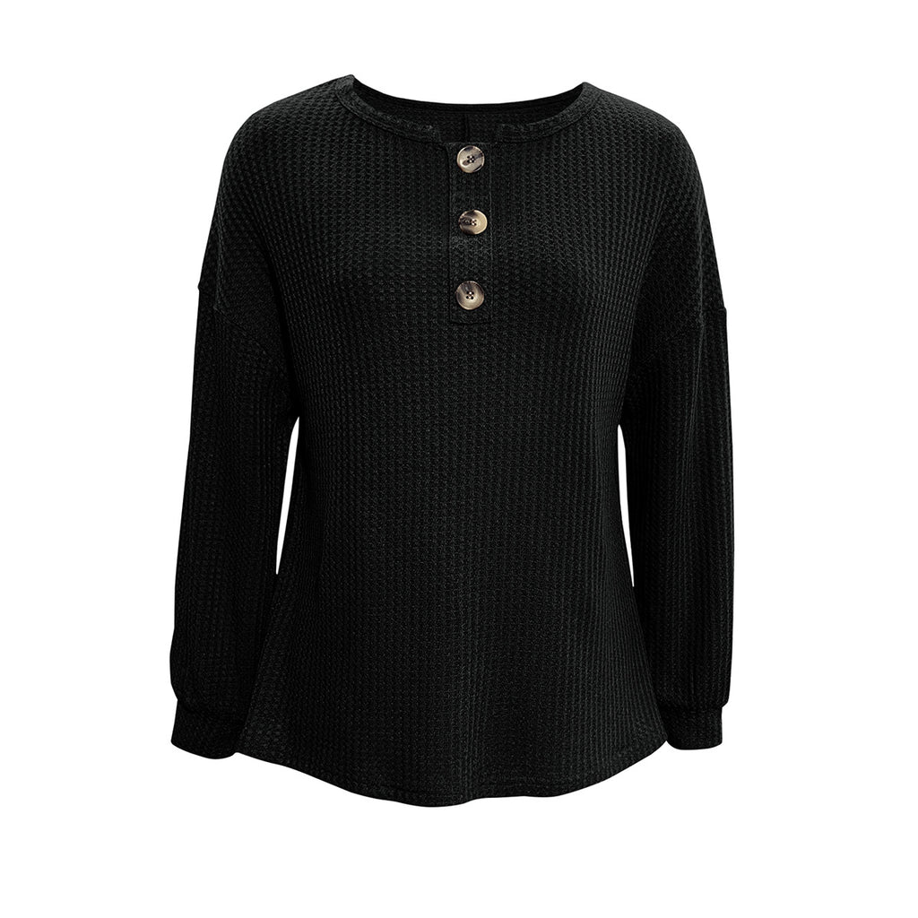 Waffle Knit Crewneck Drop Shoulder Top - Black - 1