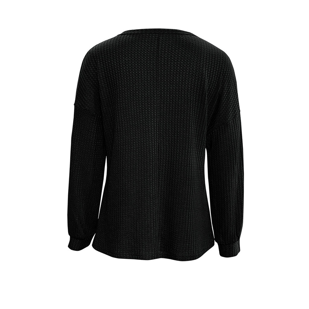 Waffle Knit Crewneck Drop Shoulder Top - Black - 2