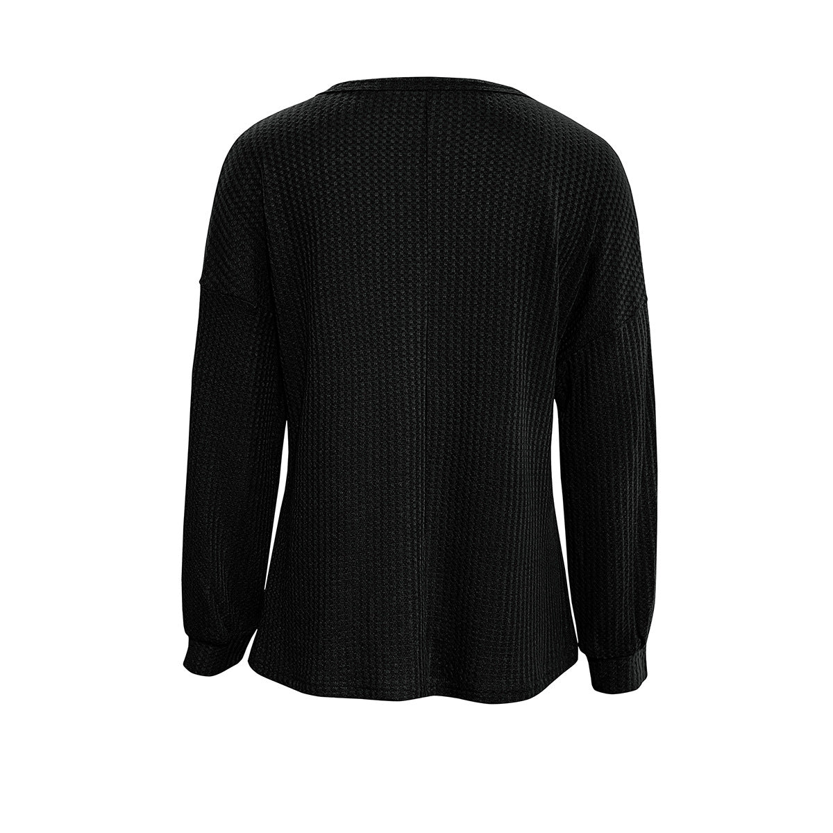 Waffle Knit Crewneck Drop Shoulder Top - Black - 2