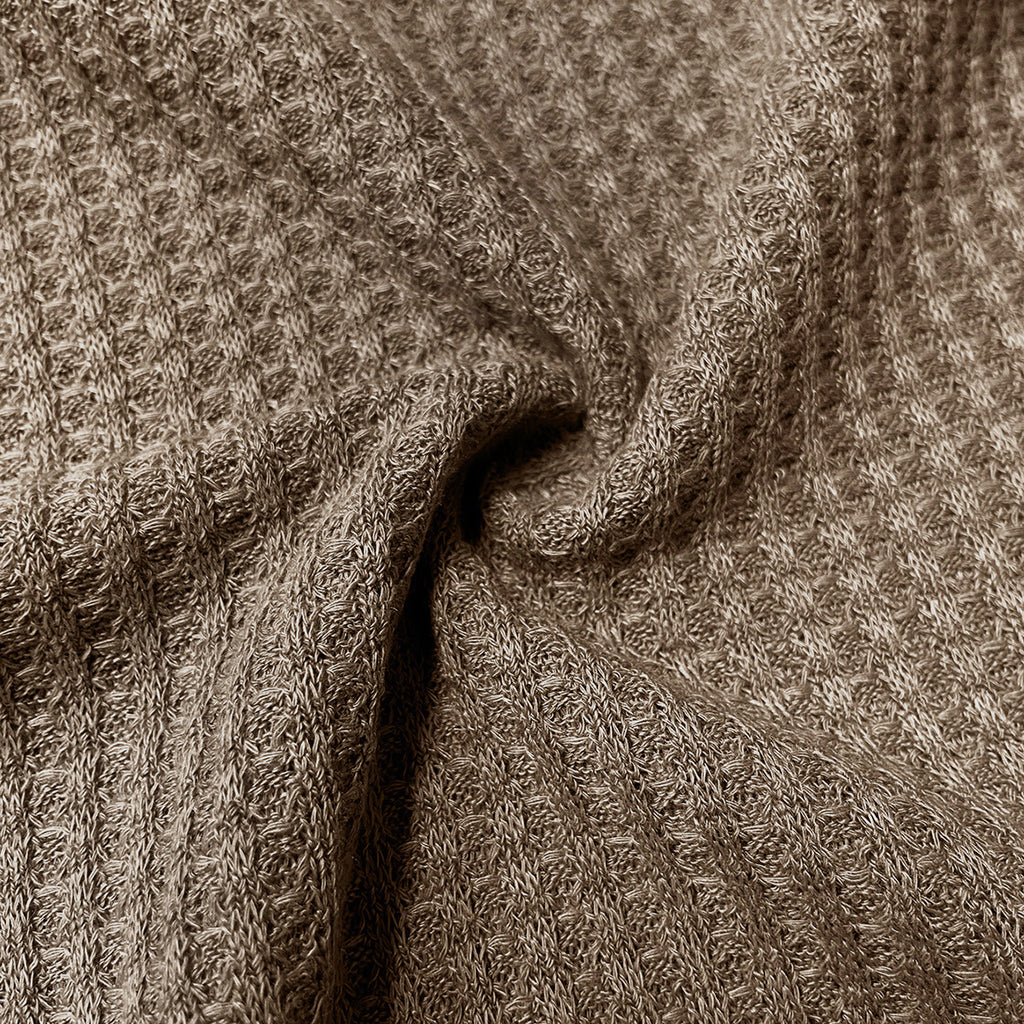 Waffle Knit Crewneck Drop Shoulder Top - Khaki - 2
