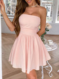 Strapless Ruched Bodice Bow Back Mini Dress - Pink