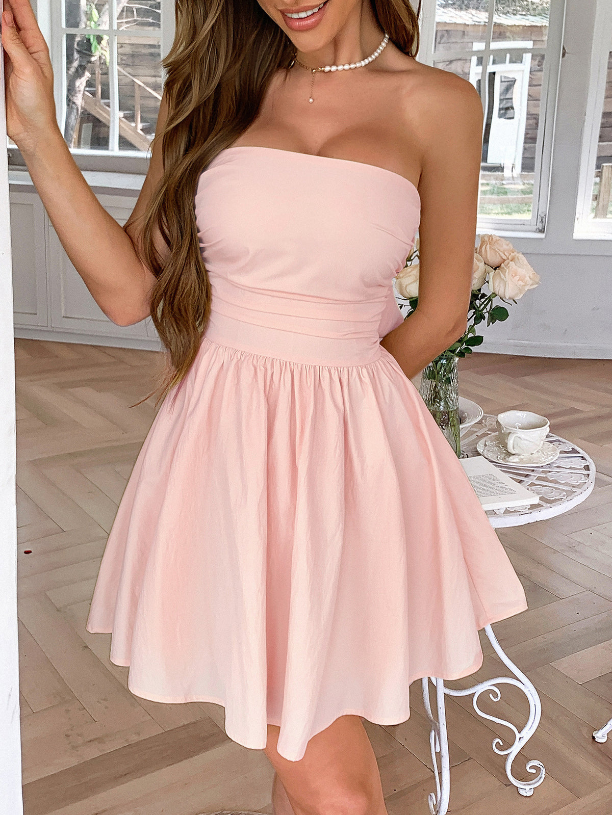 Strapless Ruched Bodice Bow Back Mini Dress - Pink