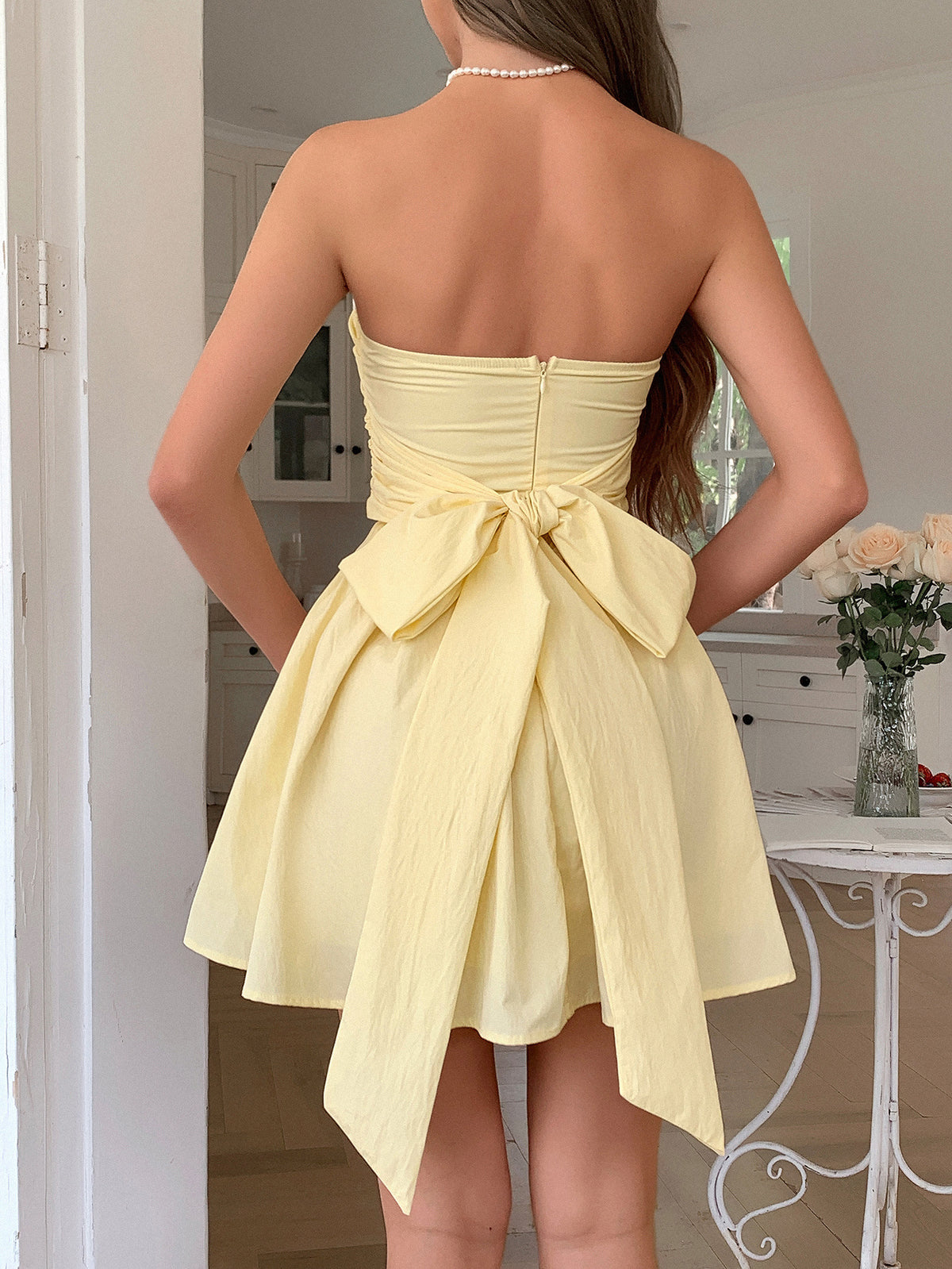 Strapless Ruched Bodice Bow Back Mini Dress - Yellow - 1