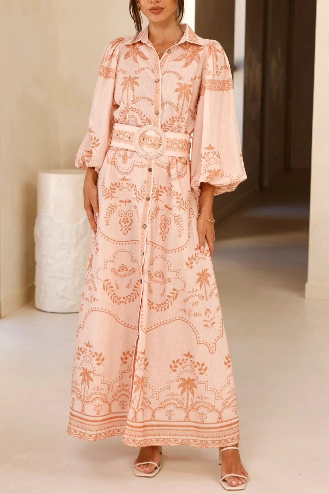 Puff Sleeve Belted Maxi Shirt Dress - Pink
