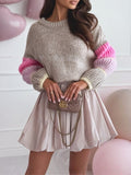 Colorblock Bubble Sleeve Chunky Knit Sweater - Khaki