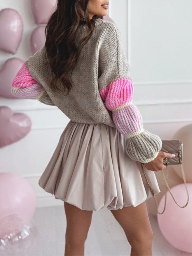 Colorblock Bubble Sleeve Chunky Knit Sweater - Khaki - 1